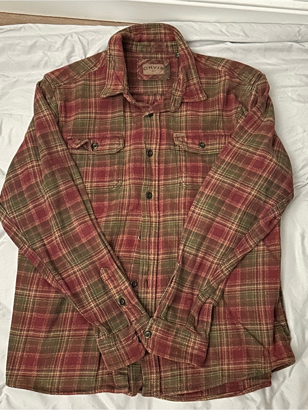 Orvis Red and Olive Plaid Flannel Shirt Jacket